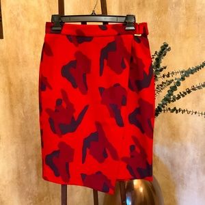 H&M Red Camouflage Print Pencil Wrap Skirt.  Gold Buckle - Side Waist.  Size 8.